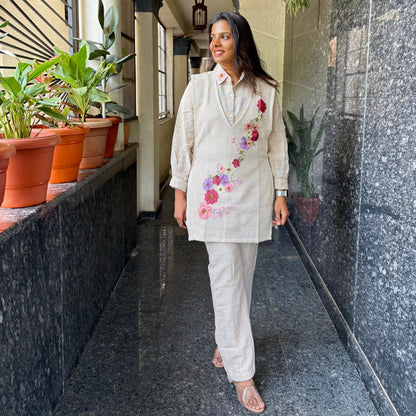 Jute Co-ord Set with Vest Floral Embroidery