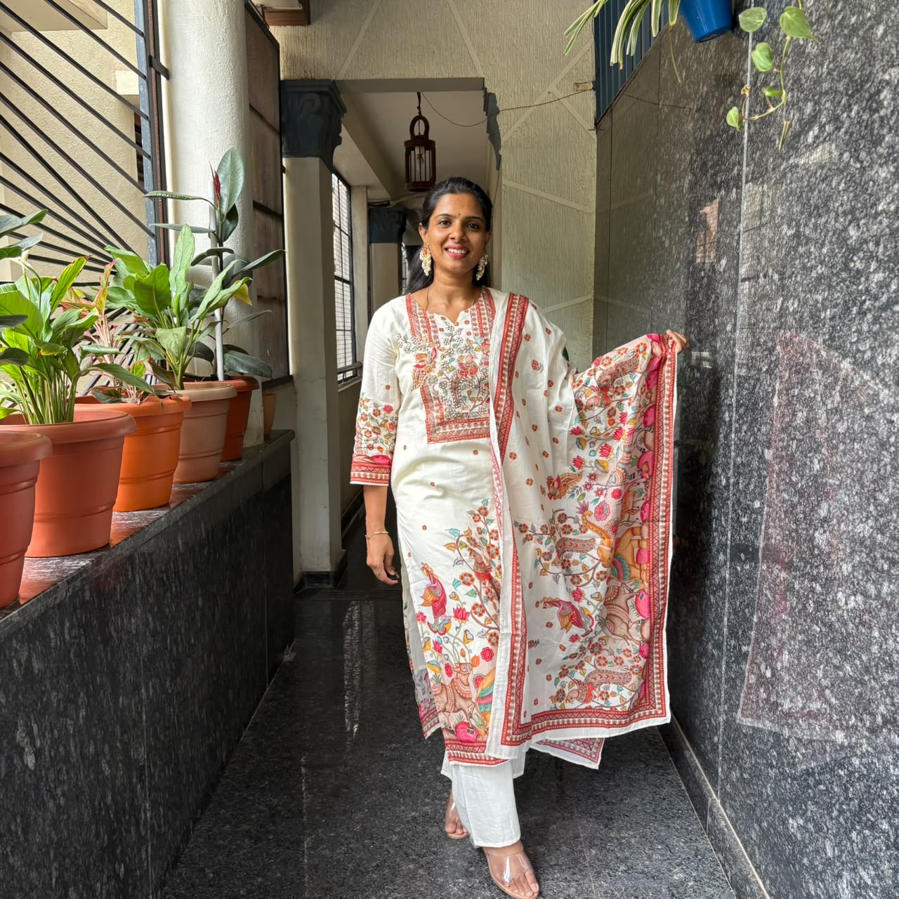 Folk Art Print Cotton Kurta Set with Dupatta