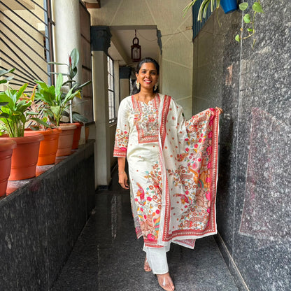 Folk Art Print Cotton Kurta Set with Dupatta