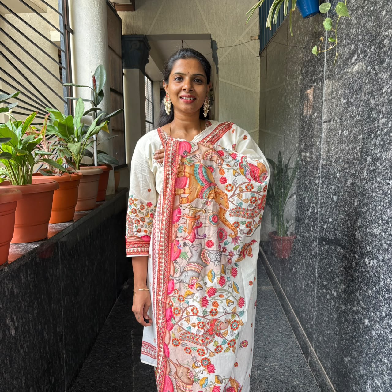 Folk Art Print Cotton Kurta Set with Dupatta