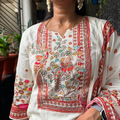 Folk Art Print Cotton Kurta Set with Dupatta