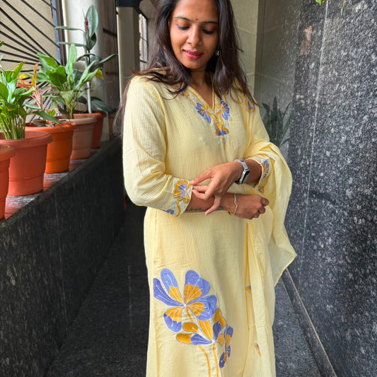Butter Yellow Embroidered Kurta Set with Dupatta