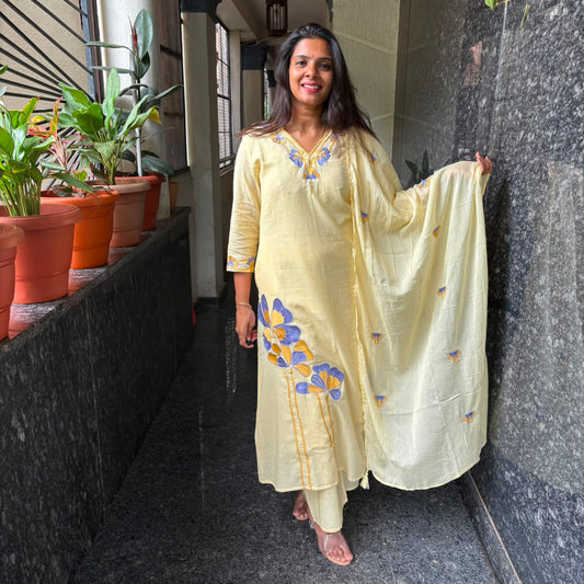 Butter Yellow Embroidered Kurta Set with Dupatta