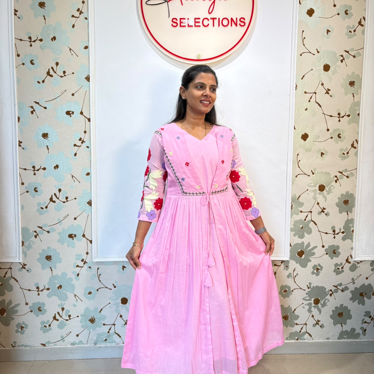 Pink Floral Embroidered Cotton Frock