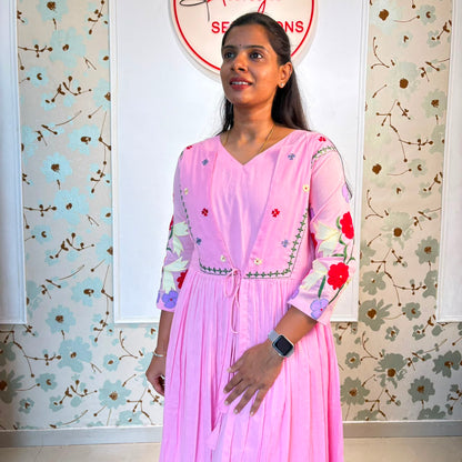 Pink Floral Embroidered Cotton Frock