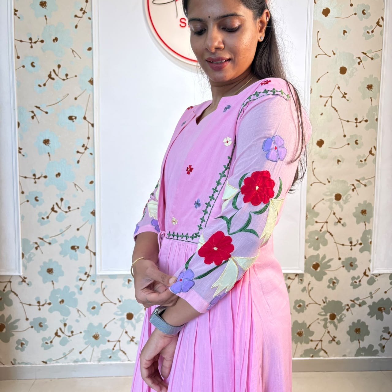 Pink Floral Embroidered Cotton Frock