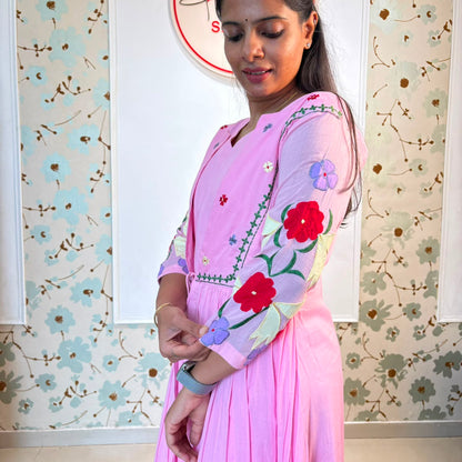 Pink Floral Embroidered Cotton Frock