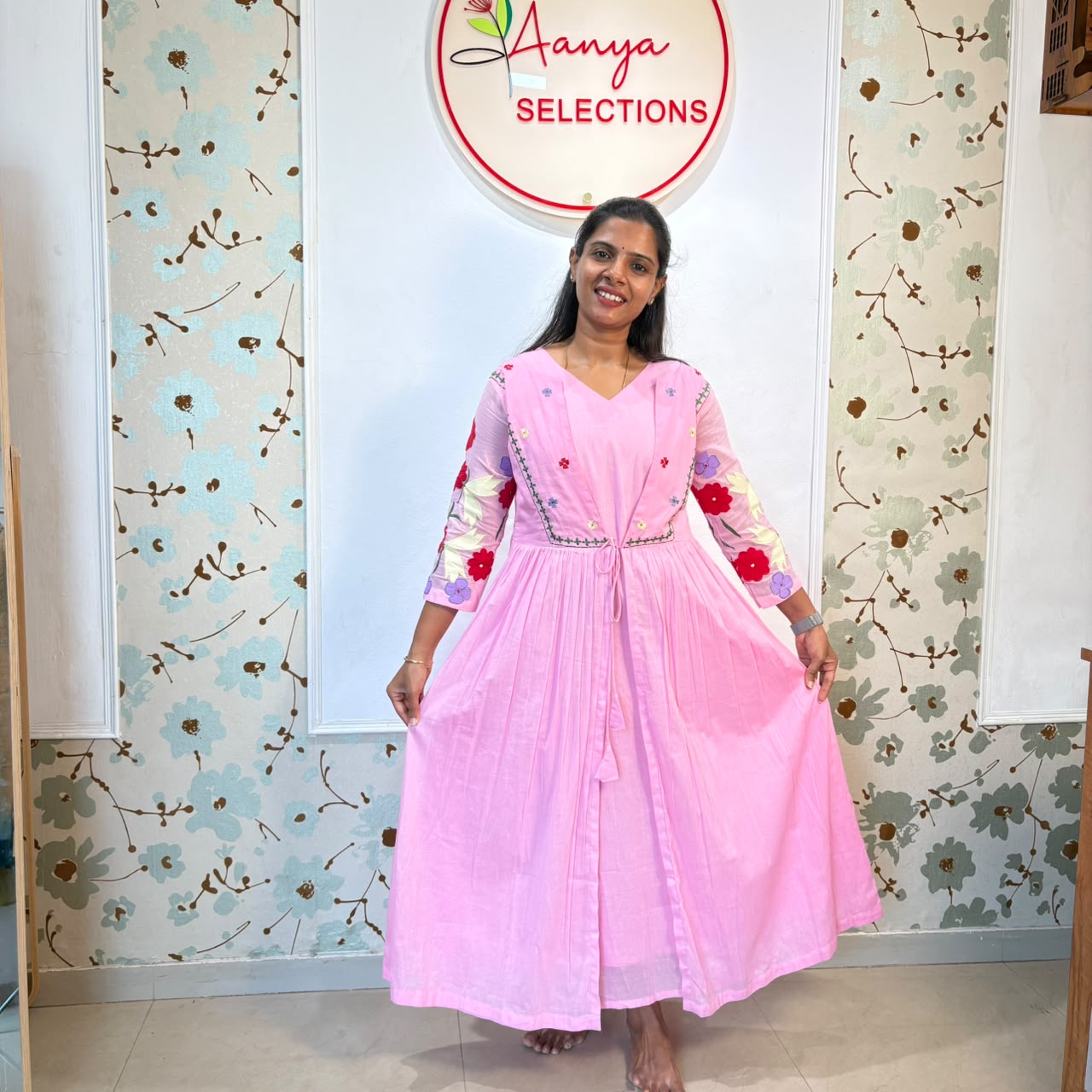 Pink Floral Embroidered Cotton Frock
