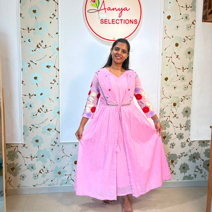 Pink Floral Embroidered Cotton Frock