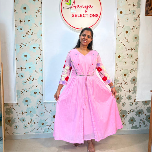 Pink Floral Embroidered Cotton Frock