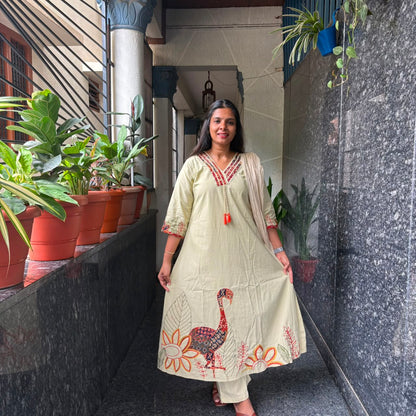 Cream Kalamkari Flamingo Kurta Set