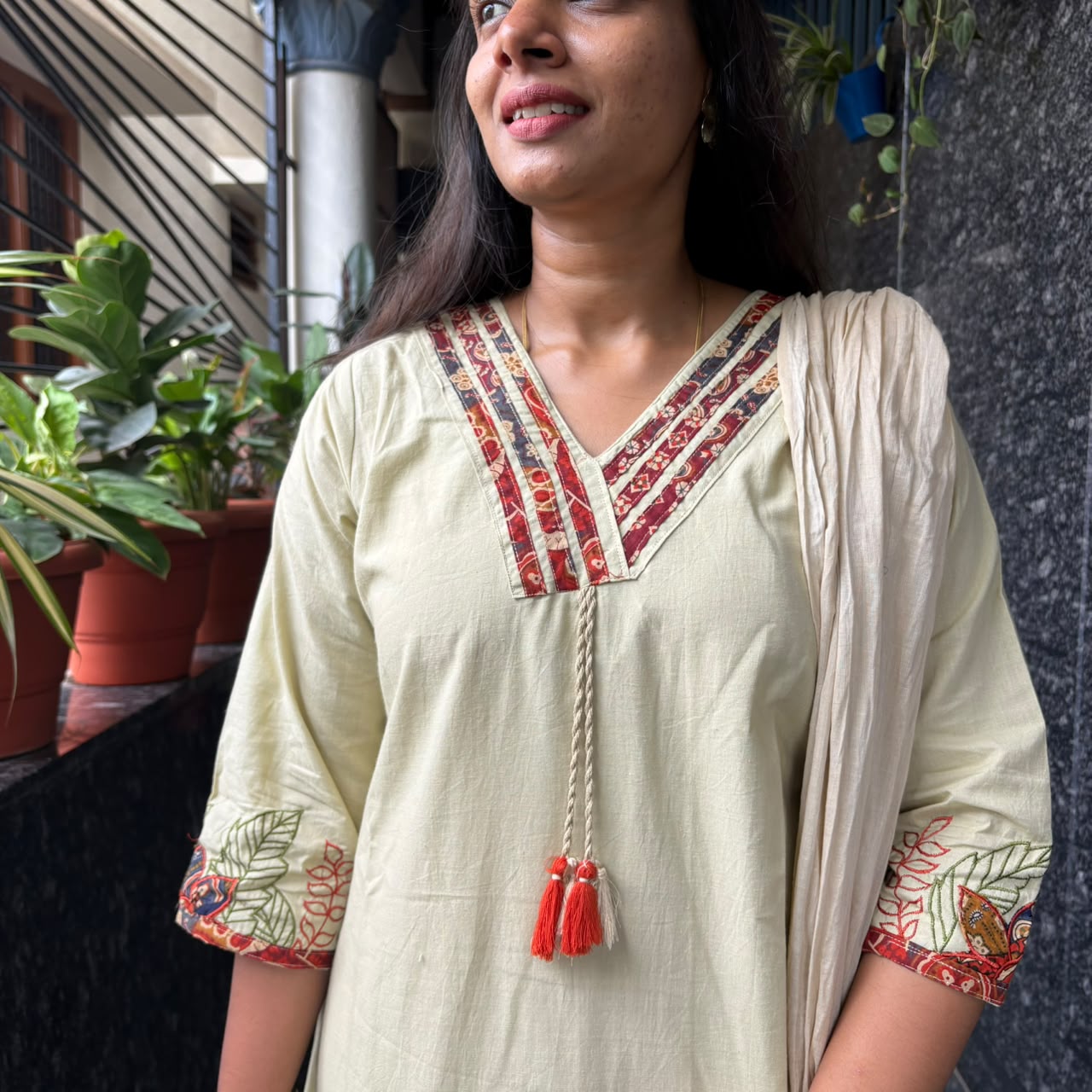 Cream Kalamkari Flamingo Kurta Set