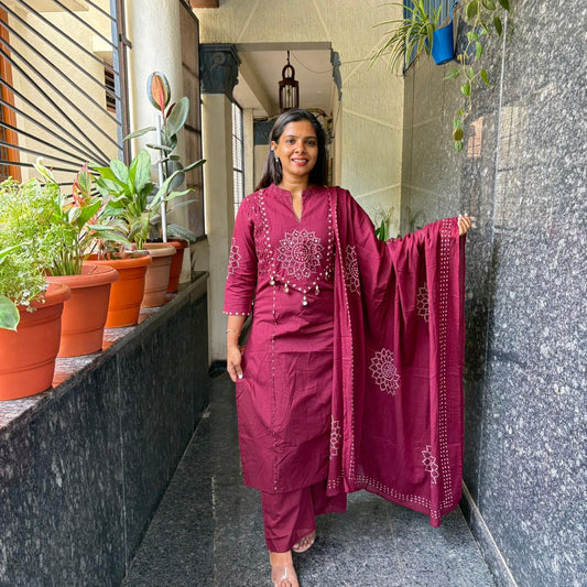 Bandhej Cotton Kurta Set with Dupatta