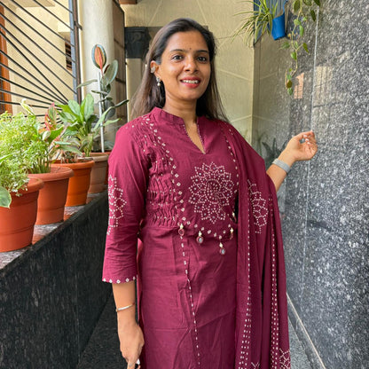 Wine Bandhej Cotton Kurta Set with Dupatta