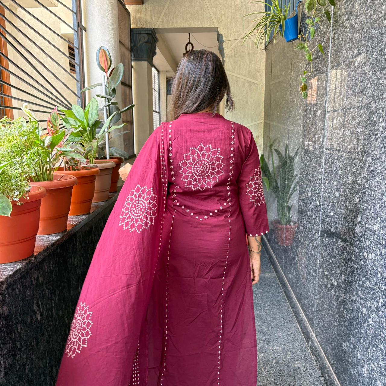 Wine Bandhej Cotton Kurta Set with Dupatta