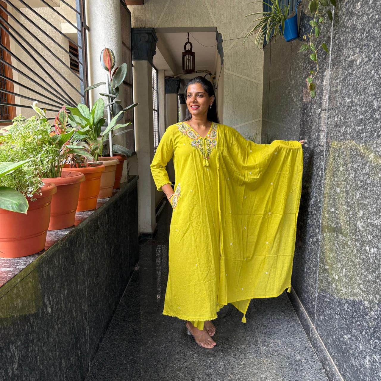 Lime Yellow Embroidered Cotton Kurta Set