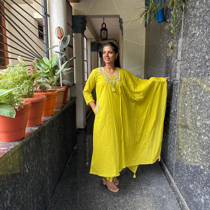 Lime Yellow Embroidered Cotton Kurta Set