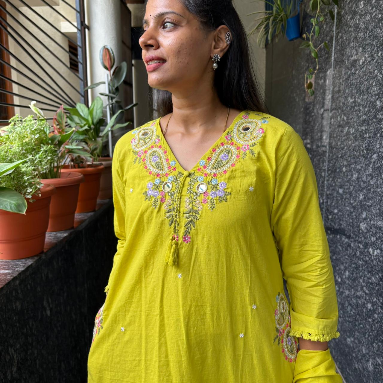 Lime Yellow Embroidered Cotton Kurta Set