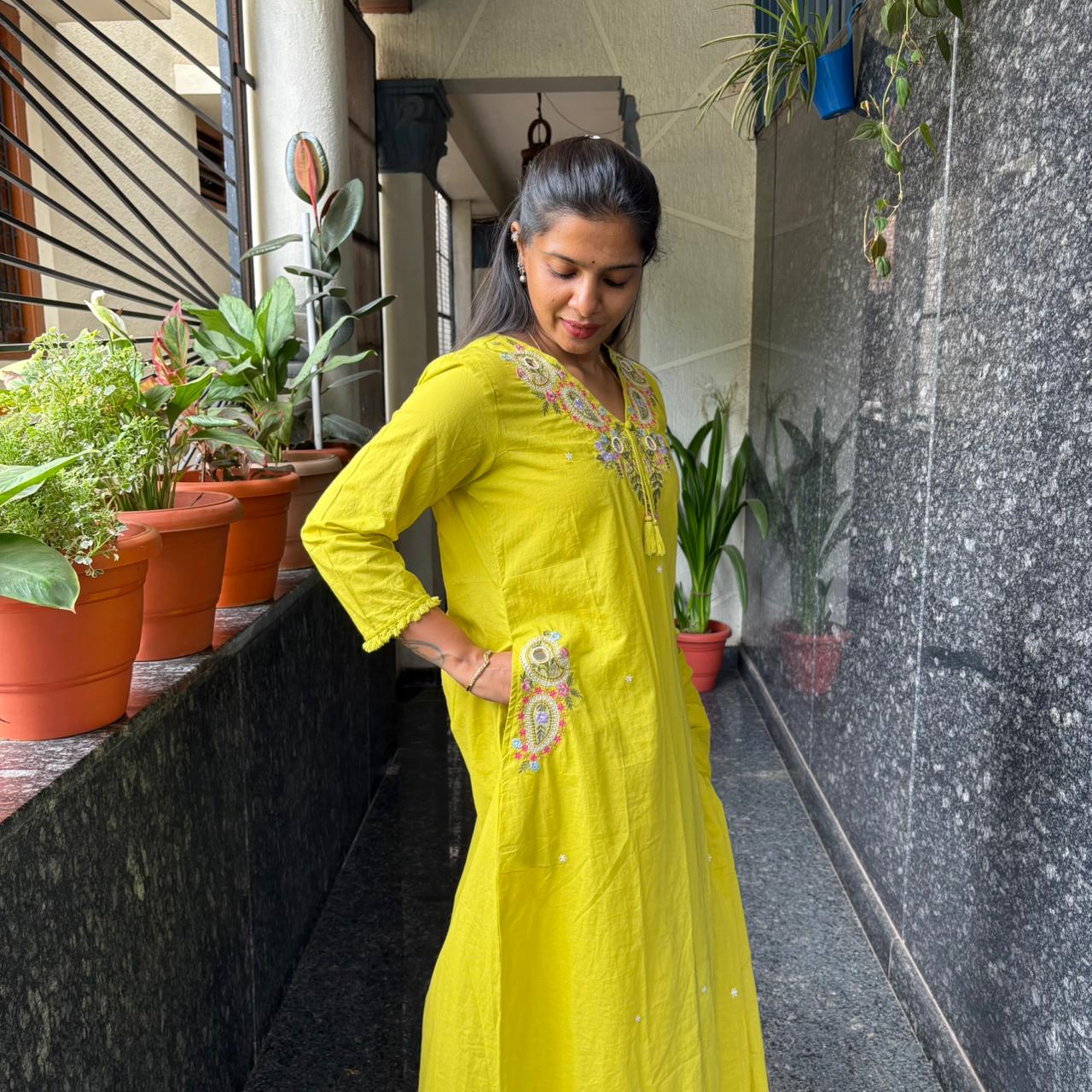 Lime Yellow Embroidered Cotton Kurta Set