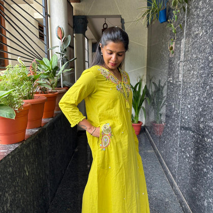 Lime Yellow Embroidered Cotton Kurta Set