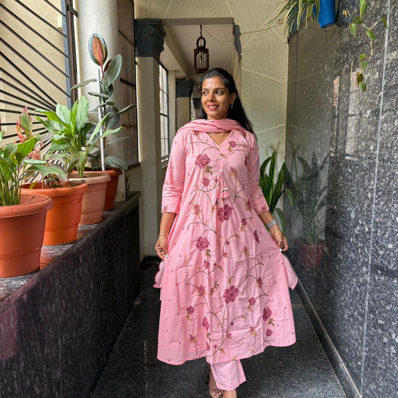 Cross Stitch Floral Kurta Set with Dupatta