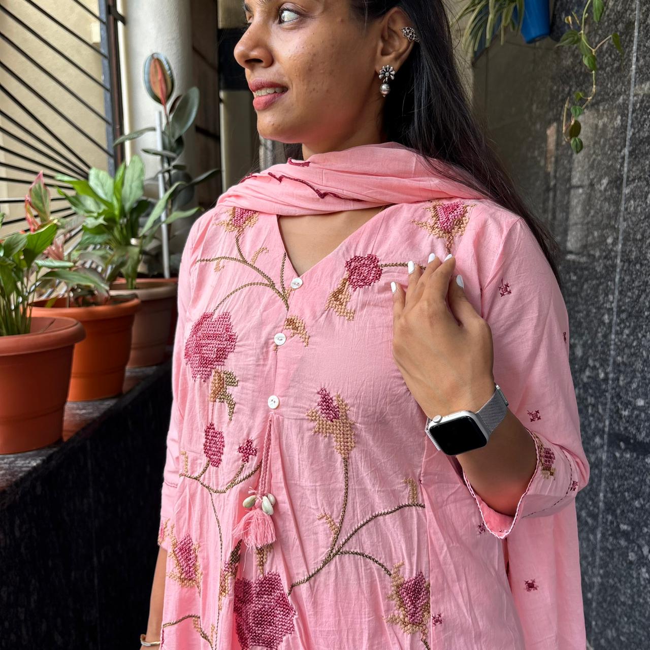 Cross Stitch Floral Kurta Set with Dupatta