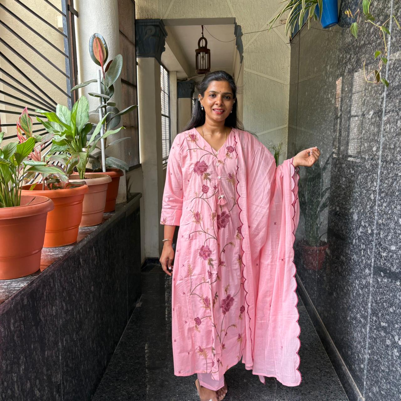 Cross Stitch Floral Kurta Set with Dupatta