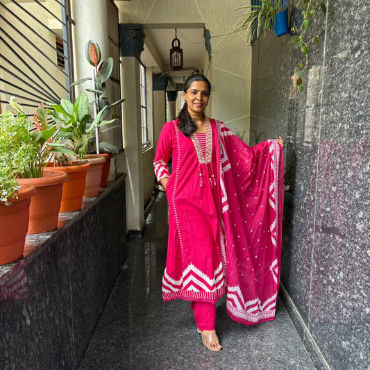 Rani Pink Anarkali Kurta Set with Dupatta