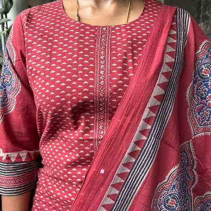 Crimson Ajrakh kurta set with dupatta - full look