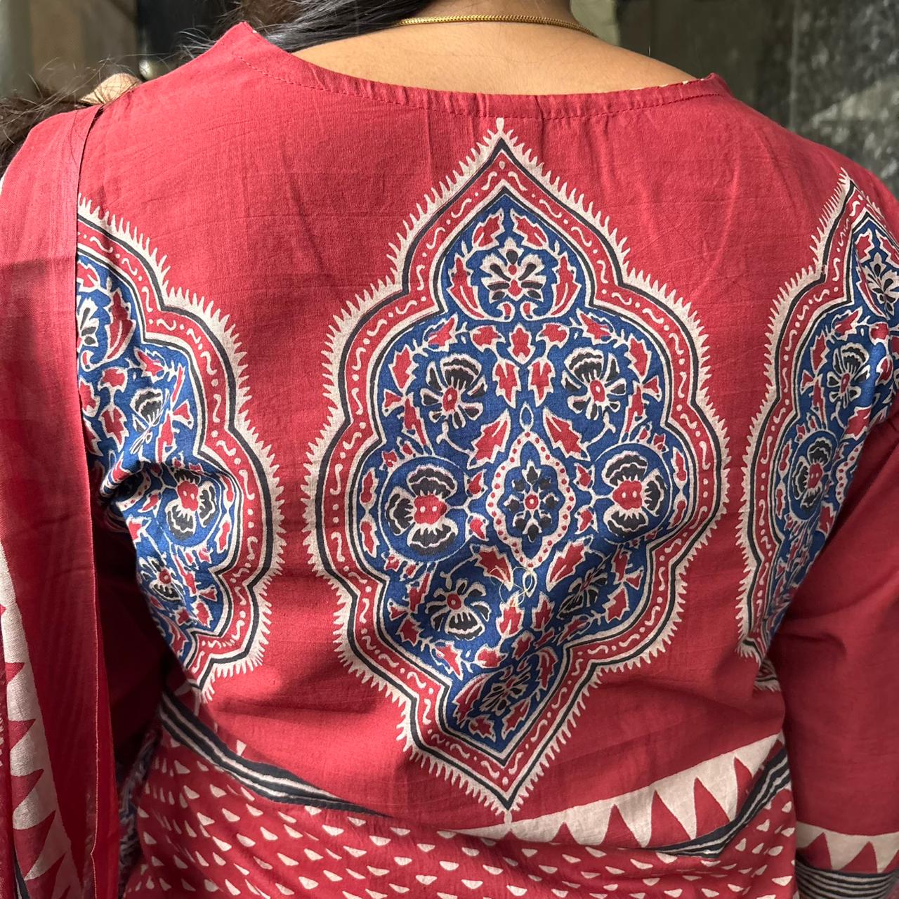 Crimson Ajrakh kurta set - walking shot