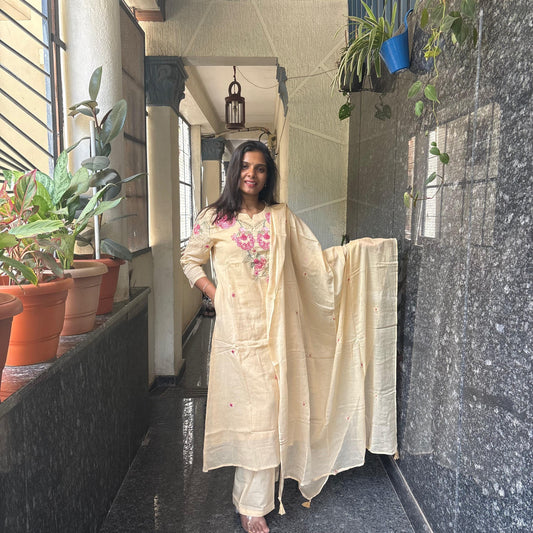 Light Chiku Pure Mul Cotton Embroidered Kurta Set with Dupatta
