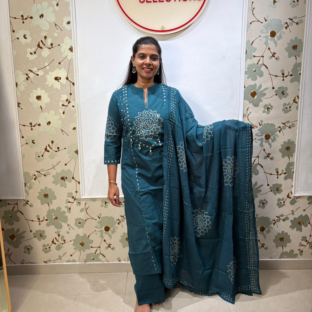 Bandhej Cotton Kurta Set with Dupatta