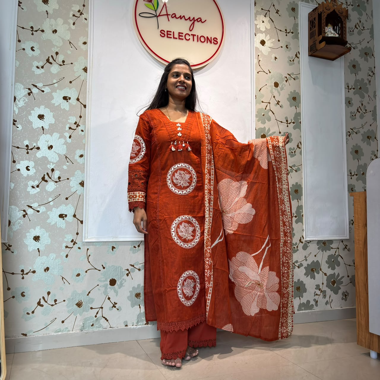 Rust Orange Lotus Embroidery Cotton Kurta Set with Dupatta