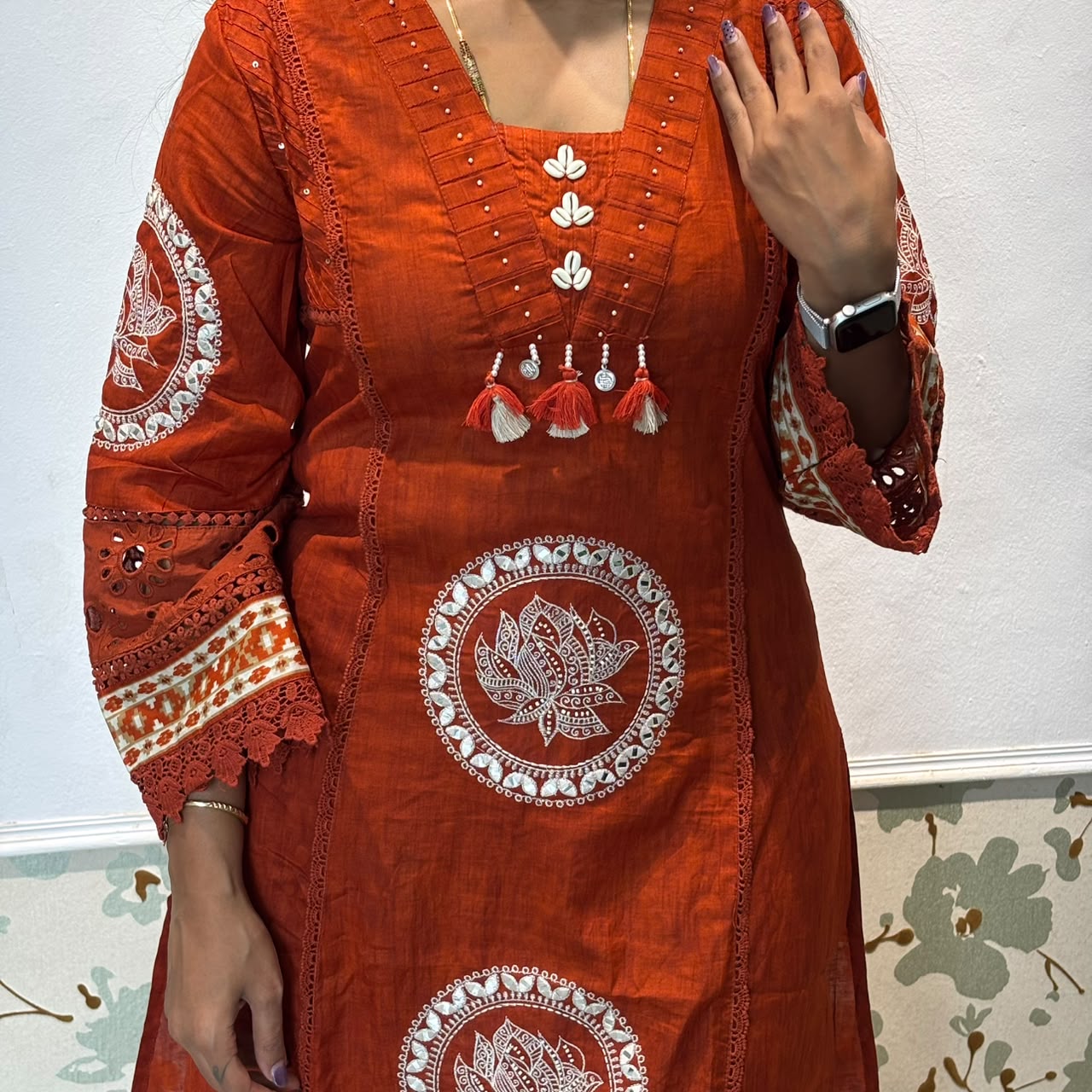 Rust Orange Lotus Embroidery Cotton Kurta Set with Dupatta
