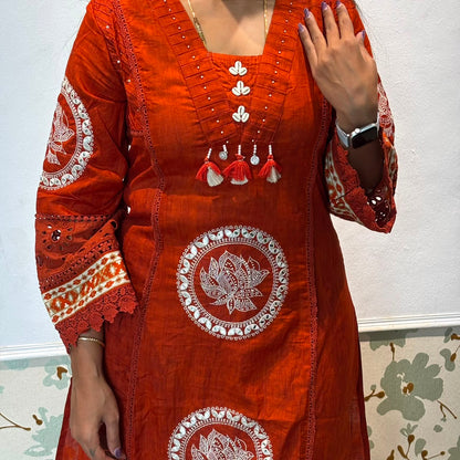 Rust Orange Lotus Embroidery Cotton Kurta Set with Dupatta