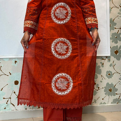 Rust Orange Lotus Embroidery Cotton Kurta Set with Dupatta
