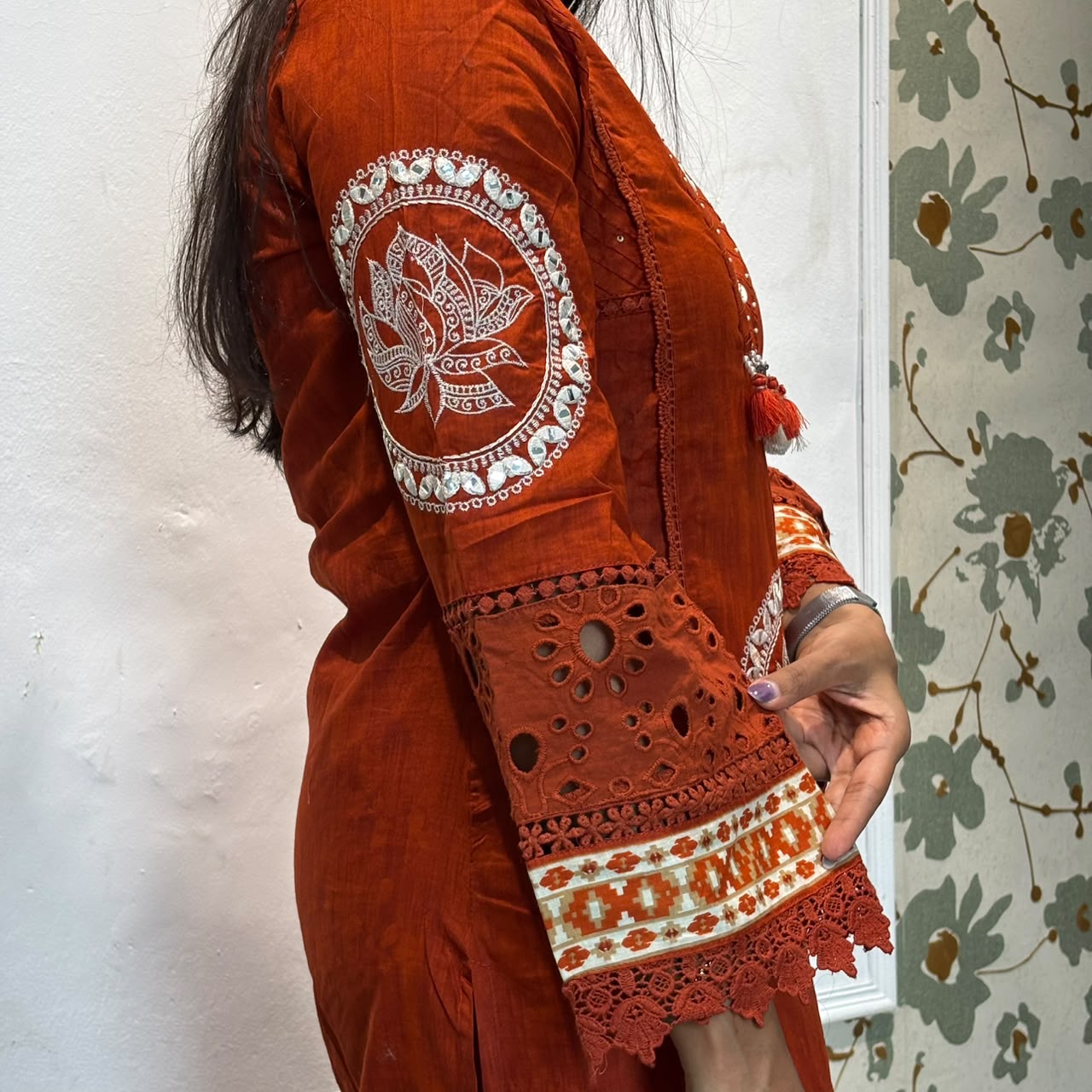 Rust Orange Lotus Embroidery Cotton Kurta Set with Dupatta