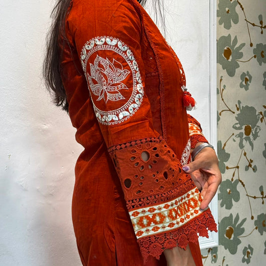 Rust Orange Lotus Embroidery Cotton Kurta Set with Dupatta