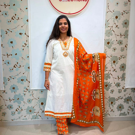 White Cotton Kurta Set with Mirror Work & Orange Dupatta