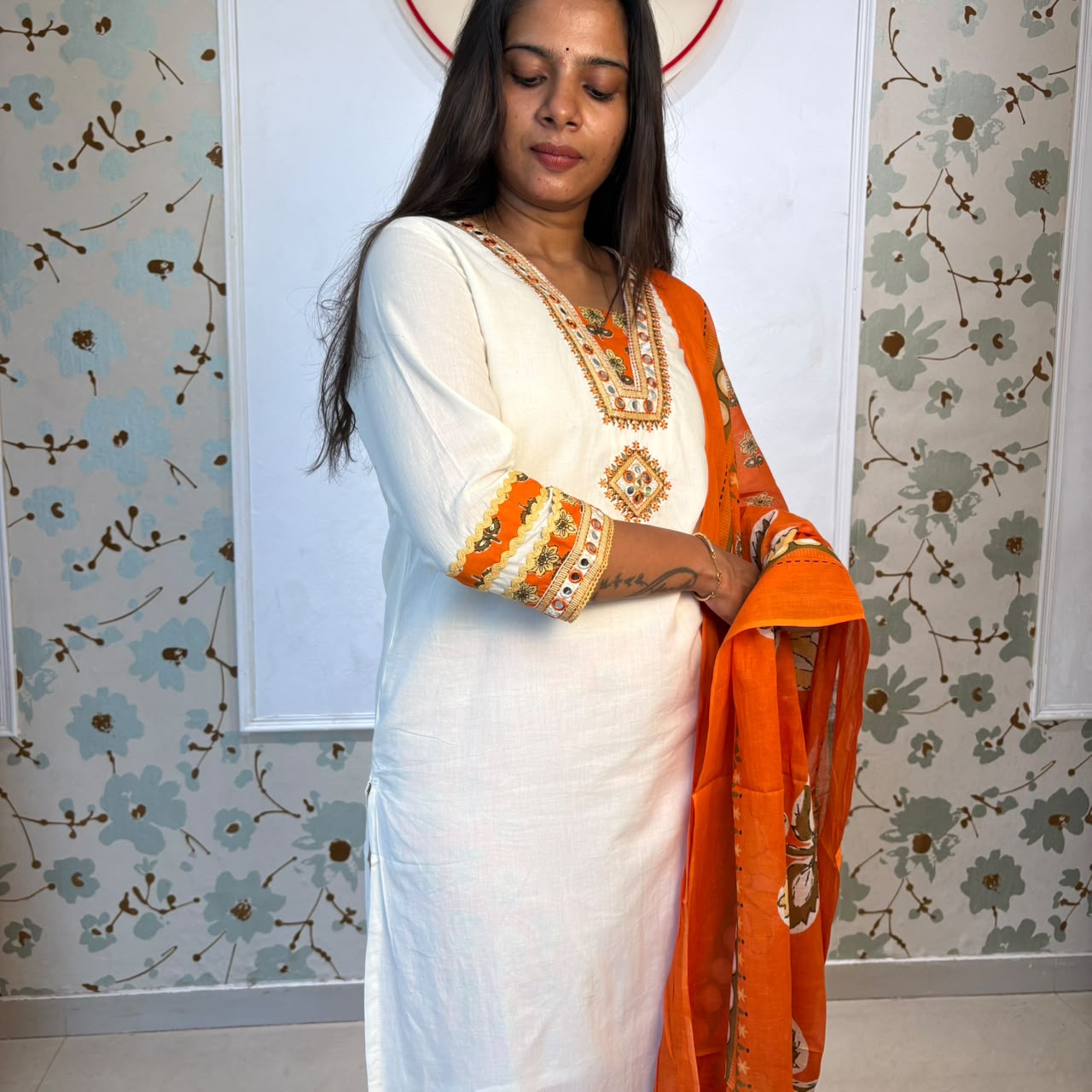 White Cotton Kurta Set with Mirror Work & Orange Dupatta