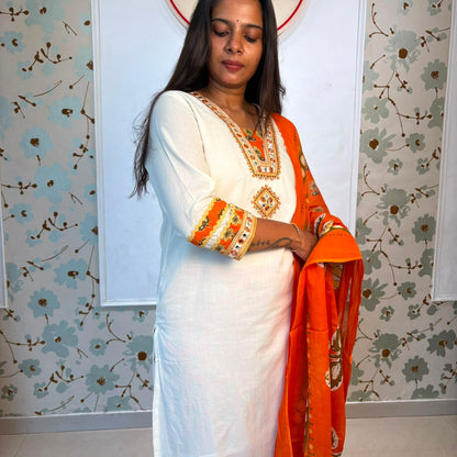 White Cotton Kurta Set with Mirror Work & Orange Dupatta