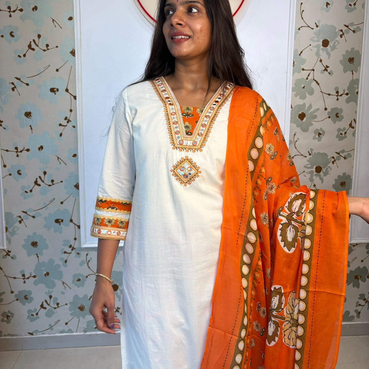 White Cotton Kurta Set with Mirror Work & Orange Dupatta