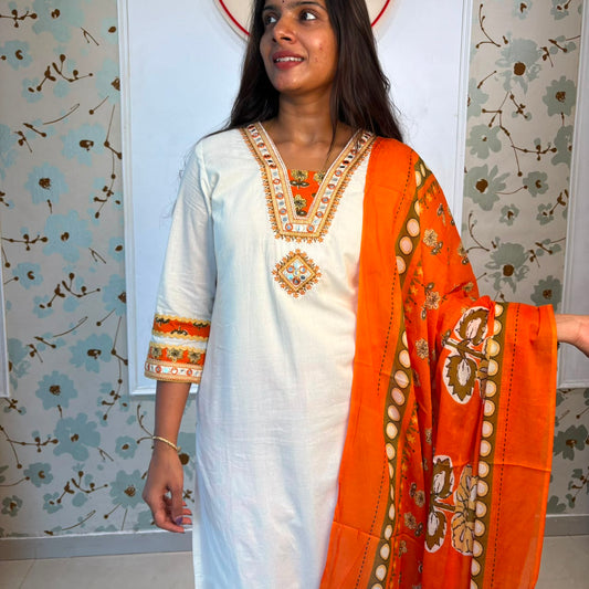 White Cotton Kurta Set with Mirror Work & Orange Dupatta