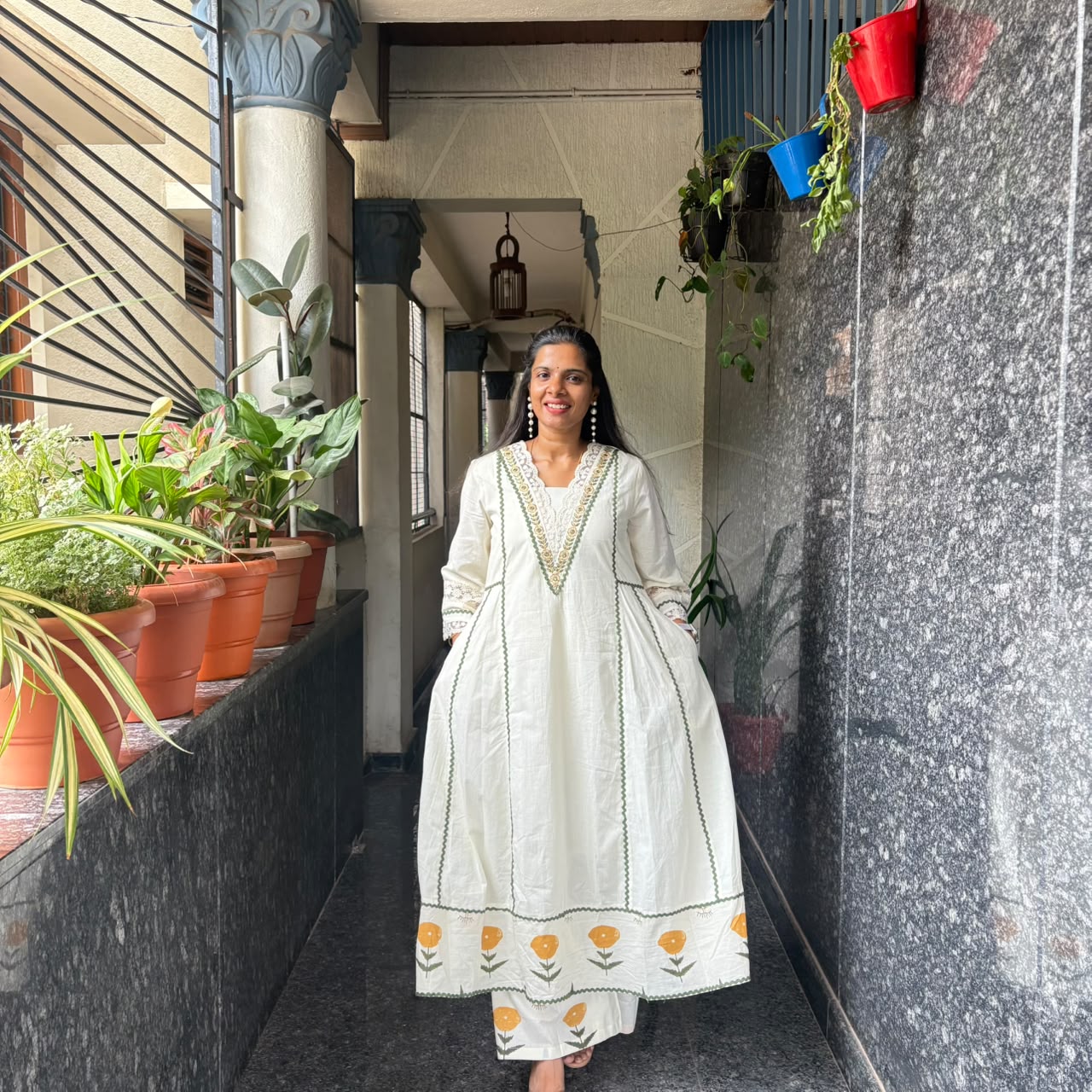 White Pure Cotton Anarkali with Floral Embroidery & Pockets