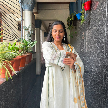 White Pure Cotton Anarkali with Floral Embroidery & Pockets