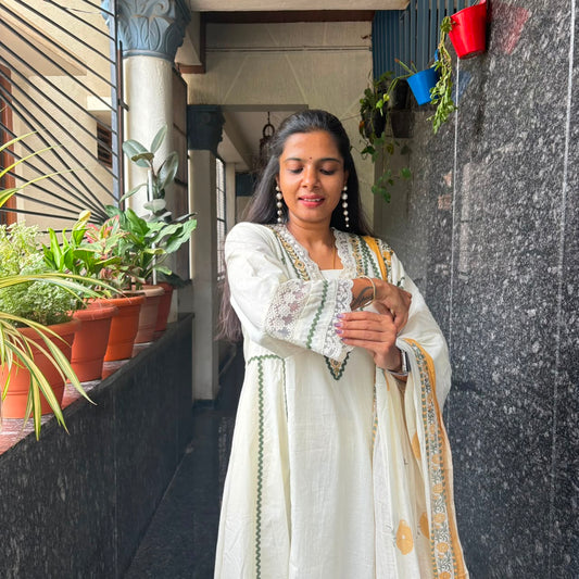 White Pure Cotton Anarkali with Floral Embroidery & Pockets