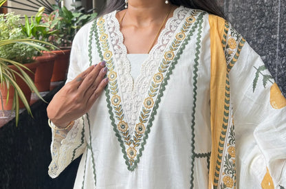 White Pure Cotton Anarkali with Floral Embroidery & Pockets
