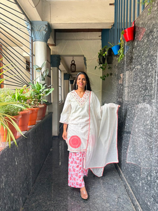 White Mul Cotton Short Kurta Set with Real Mirror Work