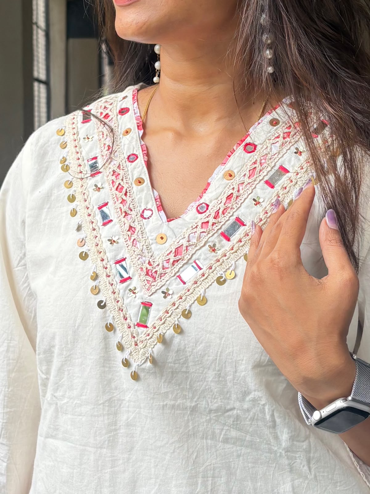White Mul Cotton Short Kurta Set with Real Mirror Work