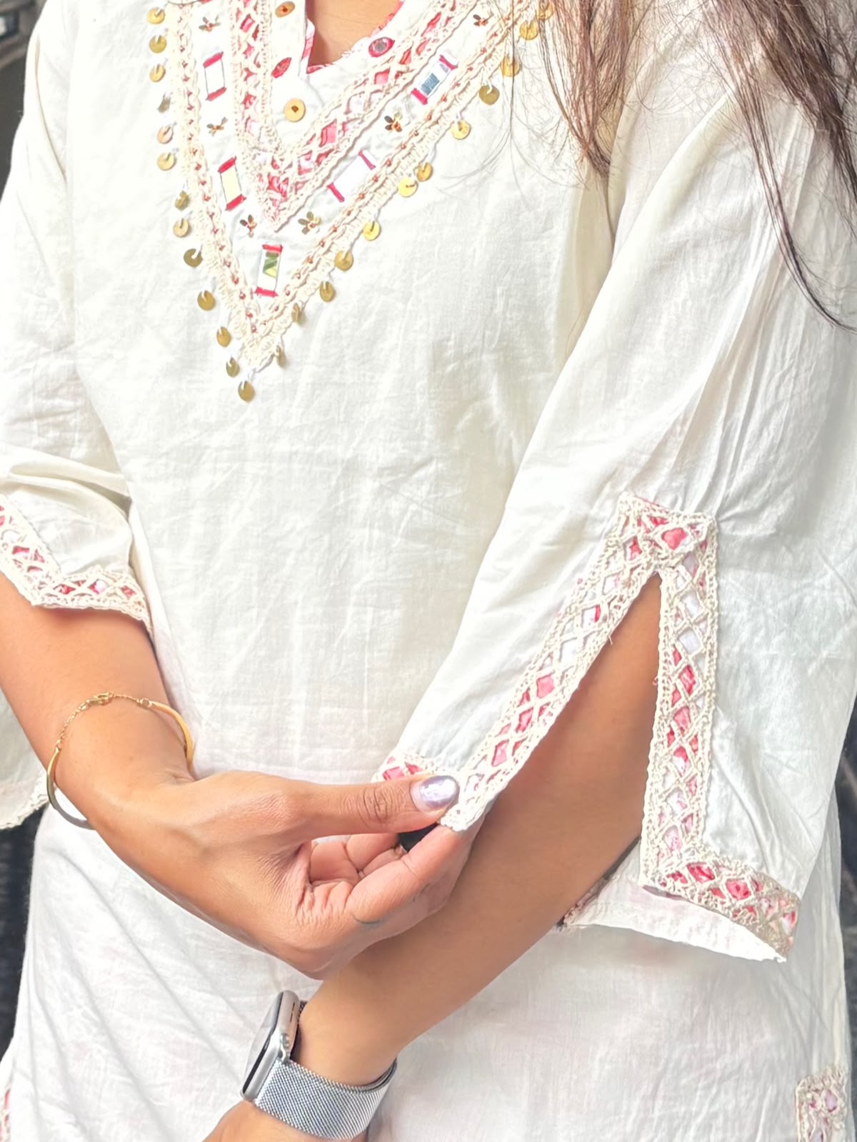 White Mul Cotton Short Kurta Set with Real Mirror Work